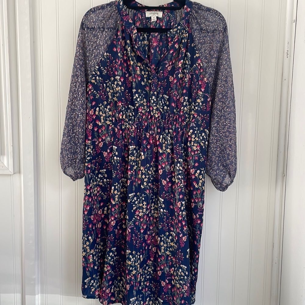 UMGEE mixed floral midi dress with semi-sheer balloon sleeves smocked waist M